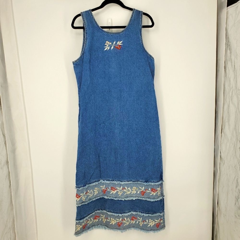Sunshine Apparel Embroidered Denim Zip-up Maxi Dress Size Large